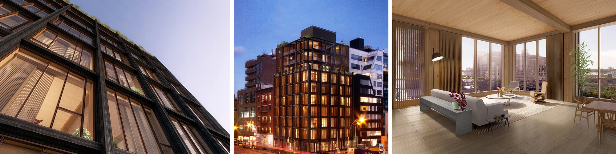 Three renderings of 475 west 18 project. Exterior view looking up to the left, followed by hero shot of building, and last interior view of one of the suites.